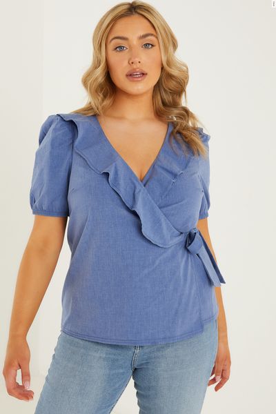 Curve Blue Chambray Wrap Top